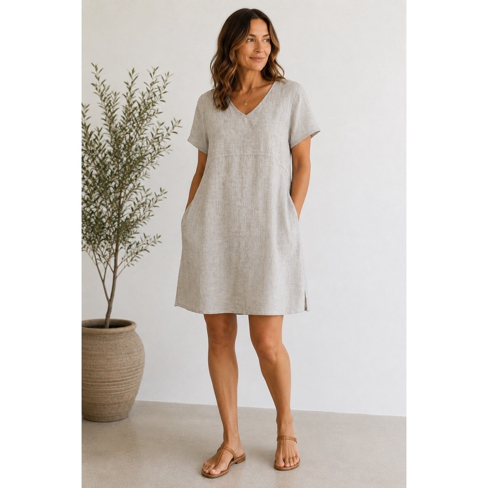 FLAX Brand Dress Women's Medium 100% Line Short Sleeve Shift Pockets #AA14-1